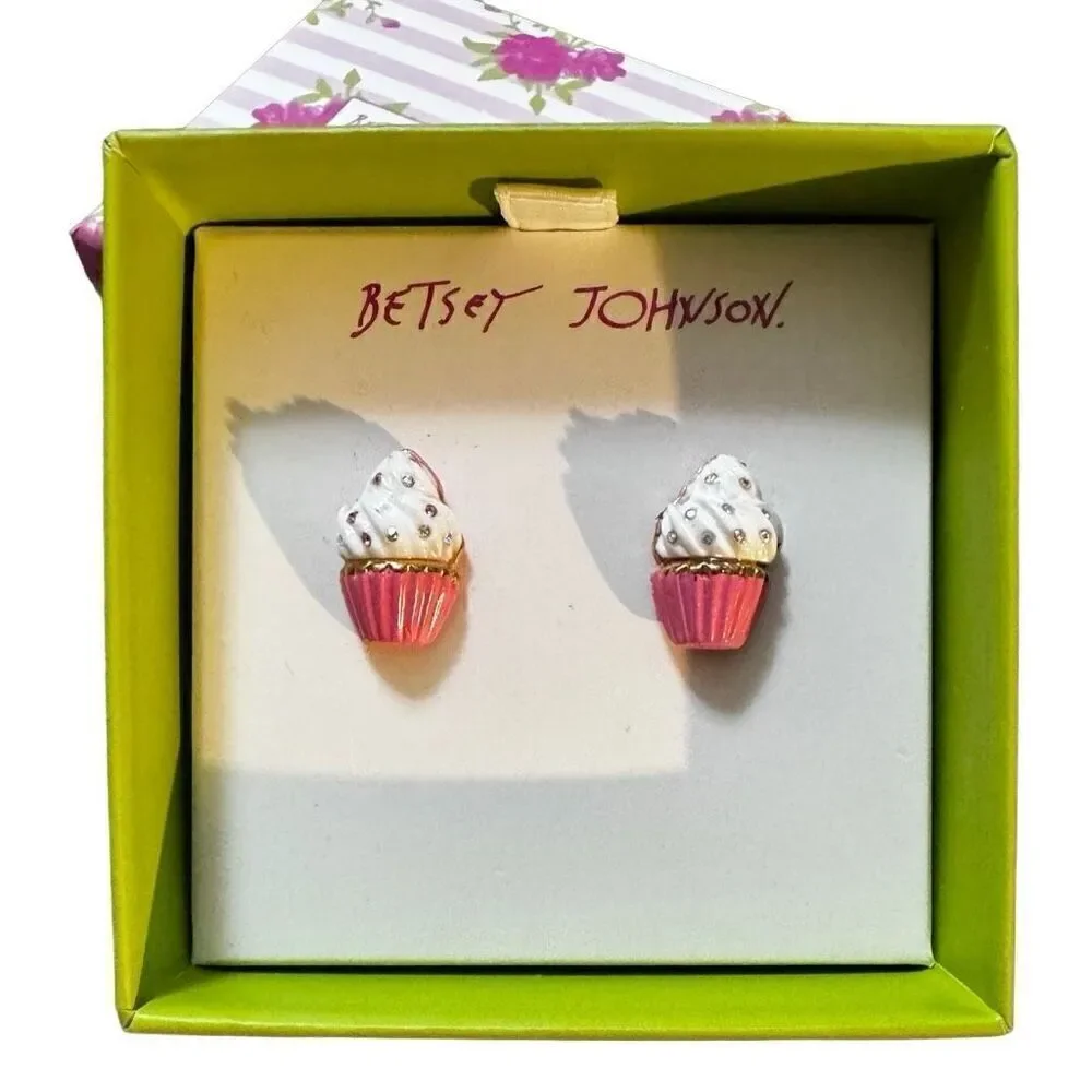 New in Box BETSEY JOHNSON Cupcakes Stud Earrings Pink White Rhinestones Dessert